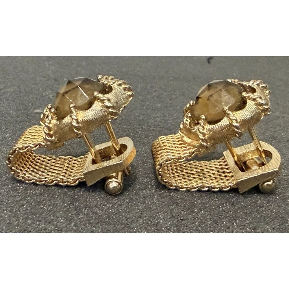 Vtg Gold Tone Mesh Wrap Cufflinks Golden Brown Cabochon Midcentury